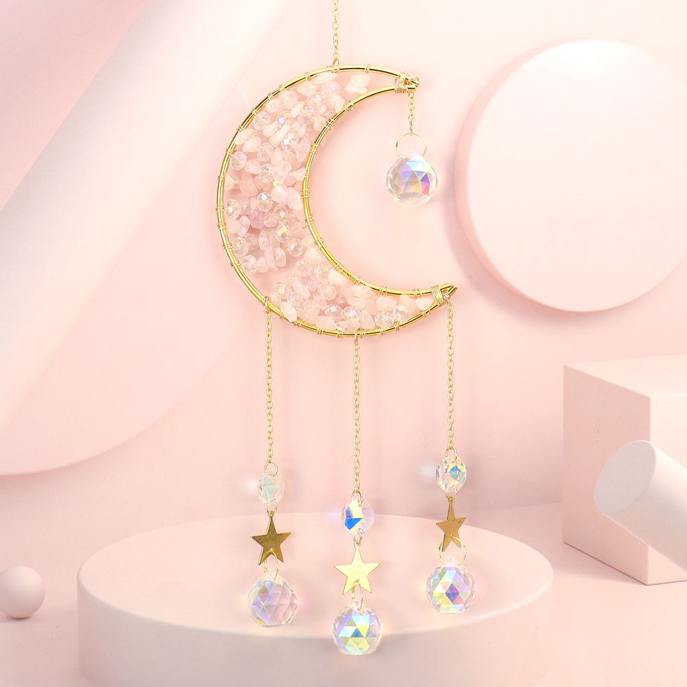 zensoullab Handmade Beaded Natural Crystal Crushed Stone Moon Star Wind Chime Craft Decoration Pendant Sun Catcher