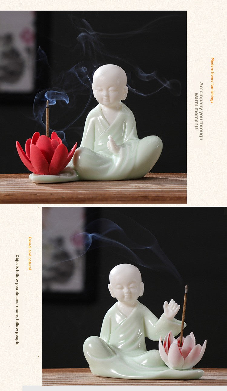 zensoullab Zen Style Chinese Fine Ceramic Figure Little Monk Ornament Creative Incense Holder Creative Home Living Room Decoration