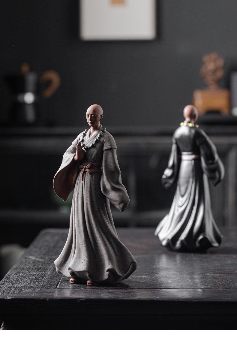 zensoullab Creative New Chinese Style Large Purple Clay Little Monk Figurine Tea Room Living Room Entrance Zen Little Monk Ceramic Character Decoration