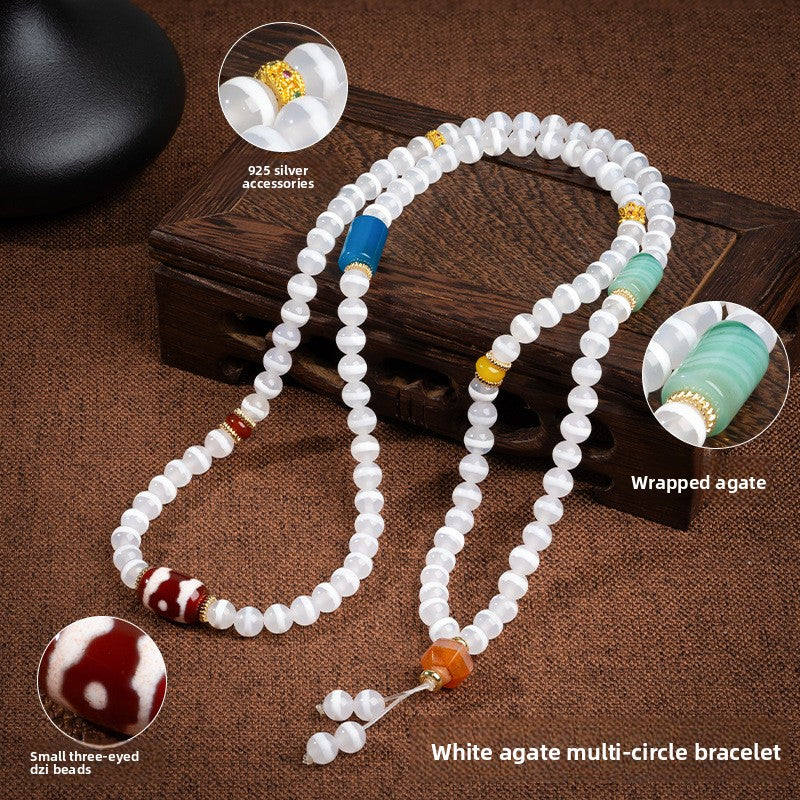 zensoullab Natural Medicine One-Eye Dzi Bead Necklace White Agate Multi-Circle Pendant Unisex Braided Necklace In Stock