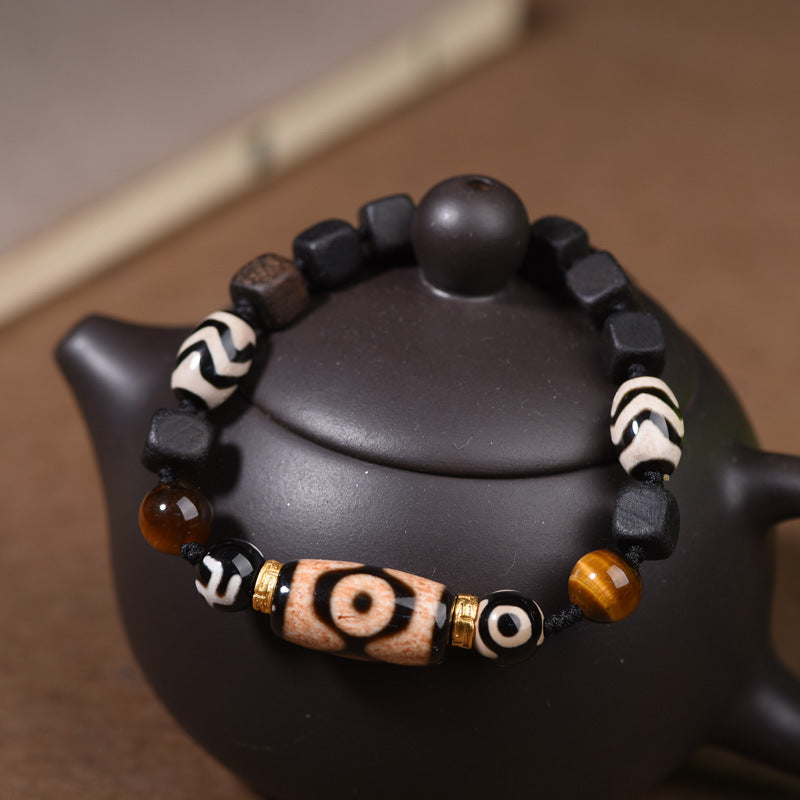 zensoullab Vintage Tibetan Style Patina Tiger Tooth Dzi Bead Agate Bracelet for Men and Women Multi-Gemstone Ethnic Style Hand String