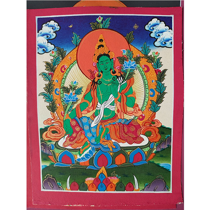zensoullab Nepal Hand-painted Buddha Statue Thangka Table Decoration Yellow God of Wealth Green Tara Manjushri Four-armed Guanyin Medicine Buddha Decorative Hanging Painting