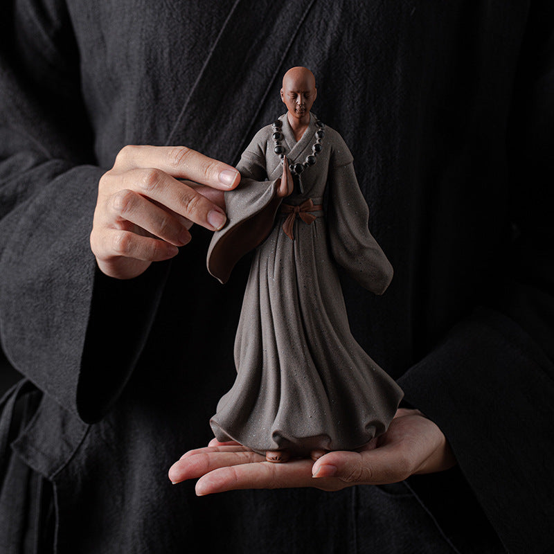 zensoullab Creative New Chinese Style Large Purple Clay Little Monk Figurine Tea Room Living Room Entrance Zen Little Monk Ceramic Character Decoration