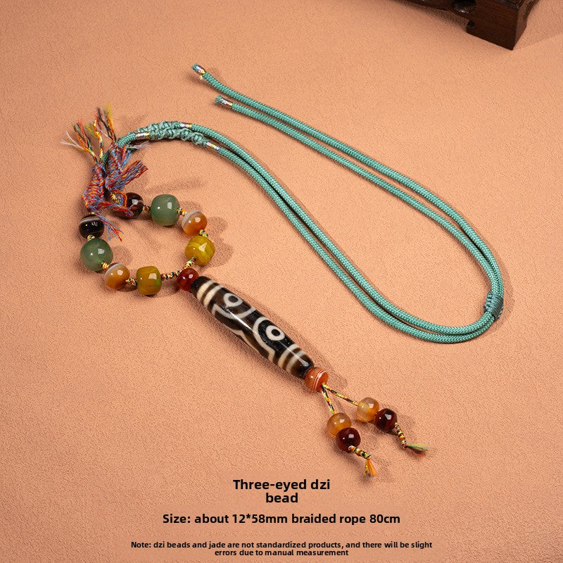 zensoullab Natural Yellow Nine-Eye Dzi Bead Necklace Taiwan Work Agate Pendant Unisex Couple Style Braided Necklace In Stock