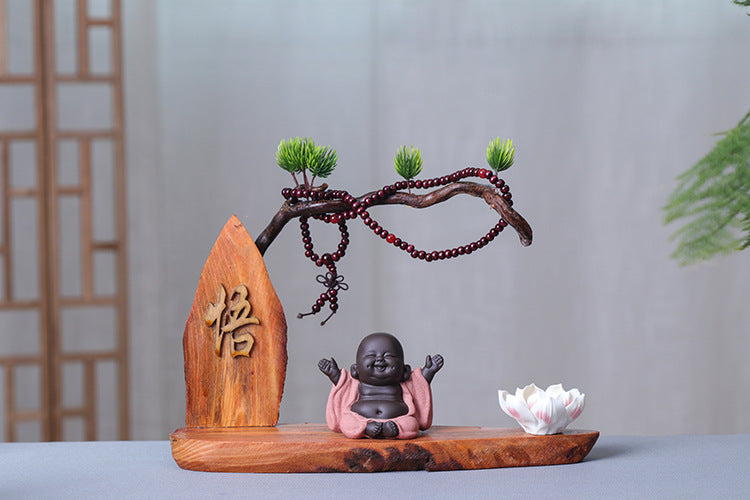 zensoullab Creative Chinese Style Welcoming Pine Root Carving Living Room Club TV Cabinet Zen Little Monk Ornament Maitreya Buddha Home Decor