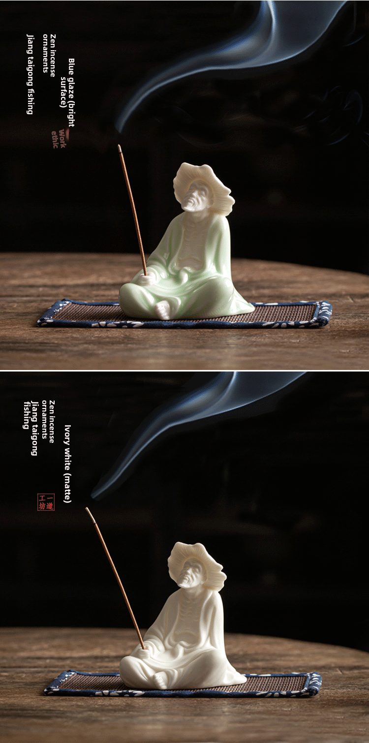 zensoullab Creative Jiang Taigong Fishing Old Man Ceramic Incense Burner Ornament Tea Pet Decoration Living Room Home Sandalwood Incense Holder Incense Ceremony