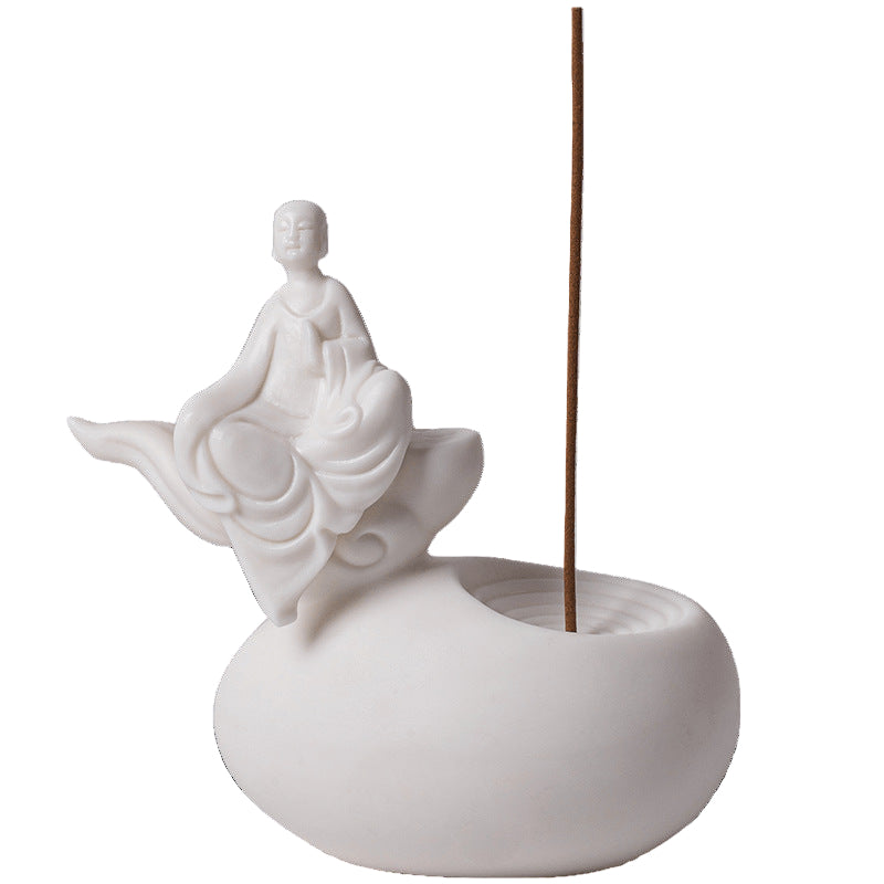 zensoullab Premium White Porcelain Incense Burner Little Monk Incense Holder Home Indoor Zen Style Formless Buddha Ornament Sandalwood Agarwood Aromatherapy Burner