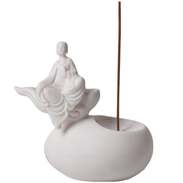 zensoullab Premium White Porcelain Incense Burner Little Monk Incense Holder Home Indoor Zen Style Formless Buddha Ornament Sandalwood Agarwood Aromatherapy Burner