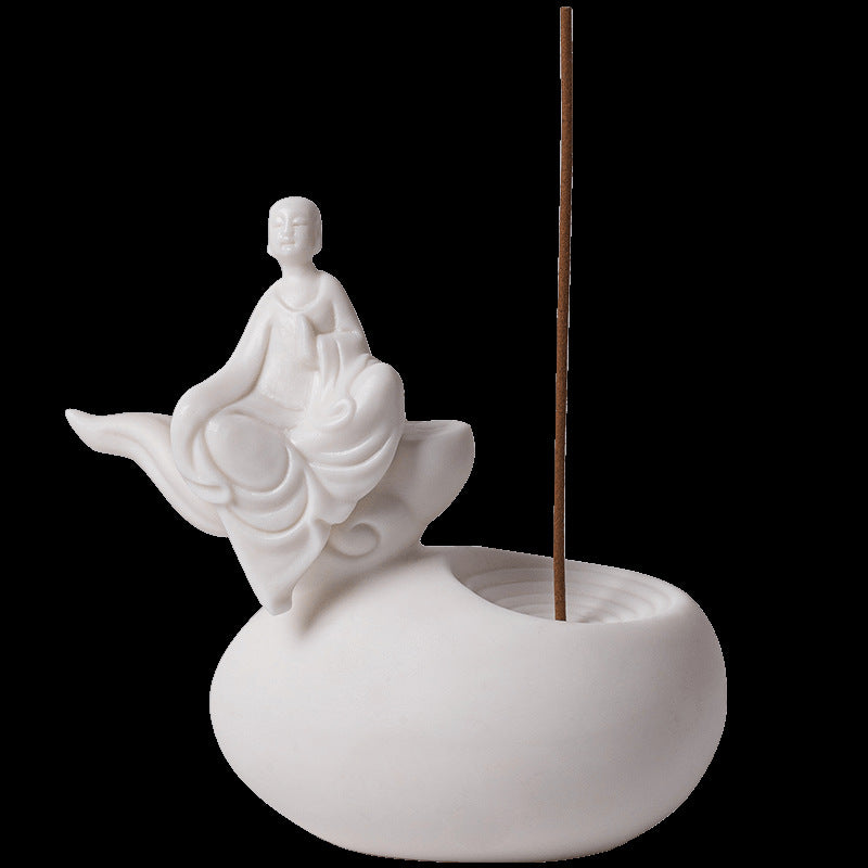 zensoullab Premium White Porcelain Incense Burner Little Monk Incense Holder Home Indoor Zen Style Formless Buddha Ornament Sandalwood Agarwood Aromatherapy Burner
