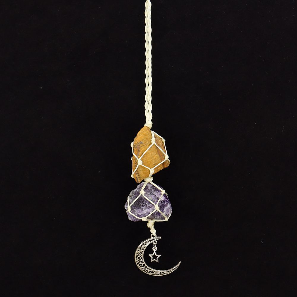 zensoullab Handmade Woven Raw Stone Crystal Pendant Star Moon Net Bag Car Hanging Amethyst Ornament