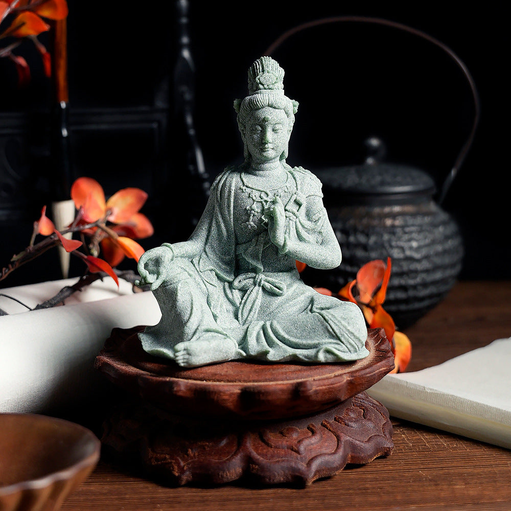 zensoullab Desktop Chinese Style Water Moon Guanyin Bodhisattva Buddha Statue Micro Landscape Fish Tank Decoration Fake Mountain Ornament Tea Pet Incense Decoration