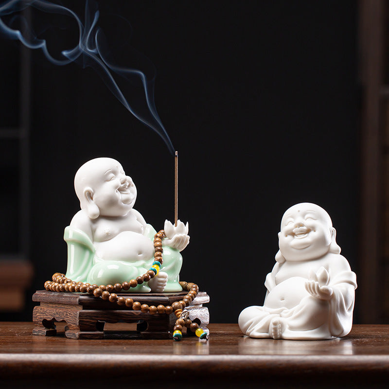 zensoullab Creative New Chinese Style Ceramic Maitreya Buddha Statue Desktop Ornament Home Incense Holder Incense Burner Incense Tray