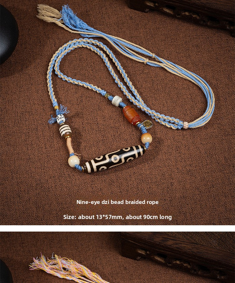 zensoullab Natural Tibetan Style Yellow Nine-Eyed Dzi Bead Necklace Multi-Totem Agate Pendant Couple Style Woven Necklace In Stock