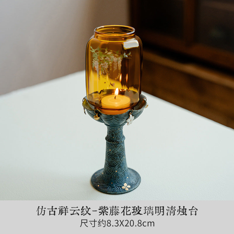 zensoullab New Chinese Style Antique Cloud Pattern Wisteria Glass Ming-Qing Candle Holder Ceramic Home Base Ornament Atmosphere Lamp Stand