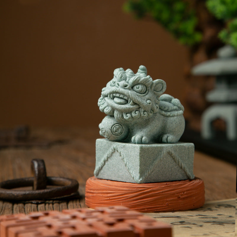 zensoullab National Trend Awakening Lion Green Sand Stone Tea Pet Small Ornament Fish Tank Landscaping Decoration Creative Wealth-Attracting Persimmon Stone Lion Auspicious Beast