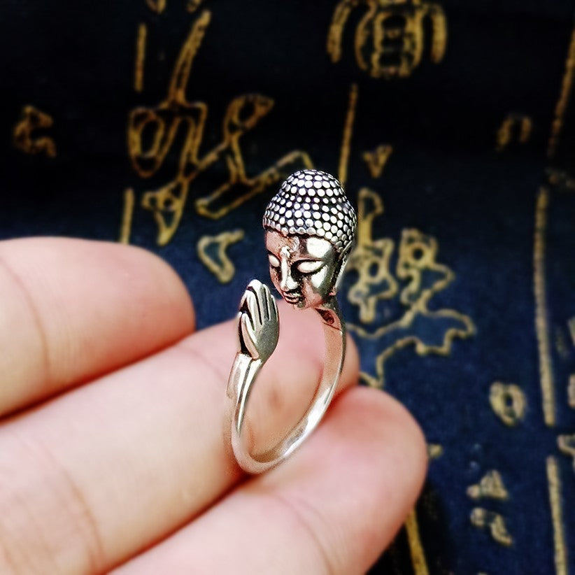 zensoullab Thailand Shakyamuni Buddha Head Palm Ring Niche Design Ethnic Style Personality Adjustable Ring for Men and Women