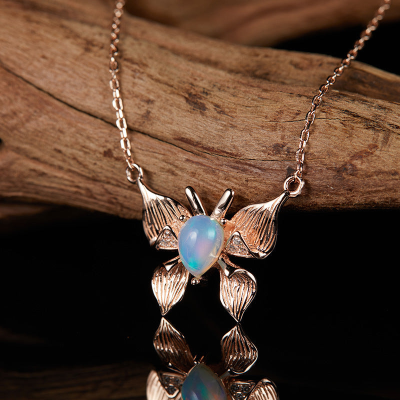 zensoullab Custom Personalized Butterfly Style S925 Sterling Silver Inlaid Natural Gemstone Opal Necklace for Women Live Streaming Hot-Selling Collarbone Chain