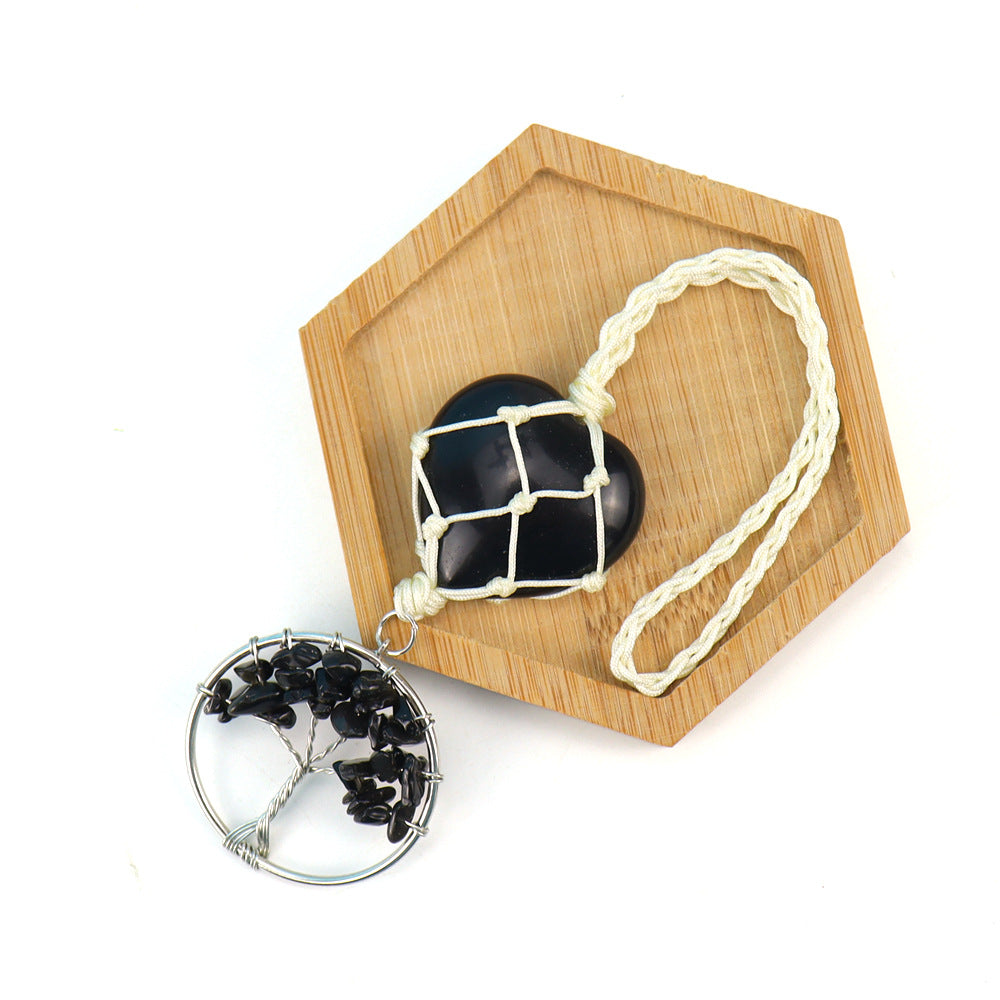 zensoullab Natural Crystal Heart-shaped Woven Net Bag Tree of Life Pendant Car Hanging Bag Accessories