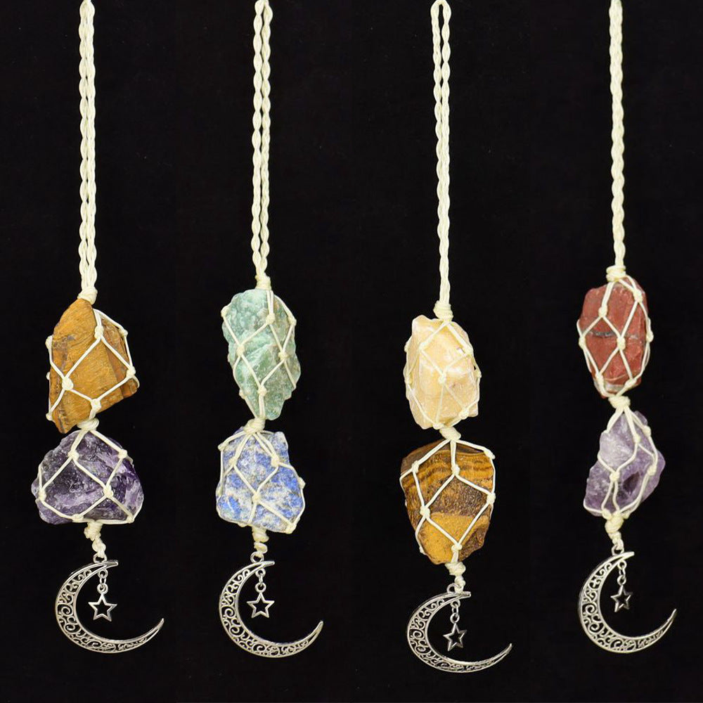 zensoullab Handmade Woven Raw Stone Crystal Pendant Star Moon Net Bag Car Hanging Amethyst Ornament