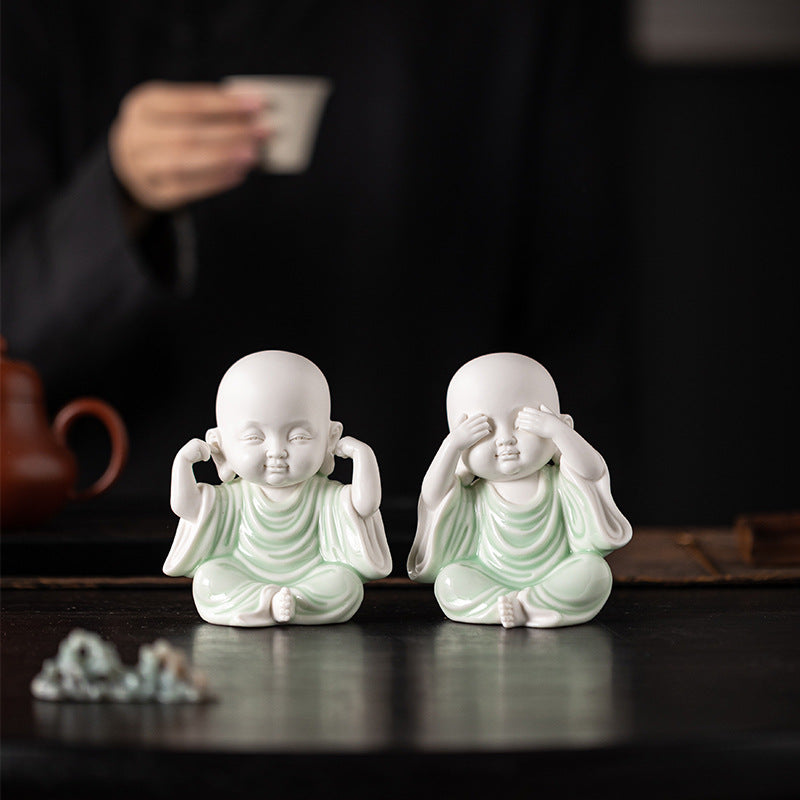 zensoullab Chinese Zen Style Four Little Monks Figurines Ceramic Characters Buddhist Home Living Room Curio Cabinet Decorations Micro Landscape