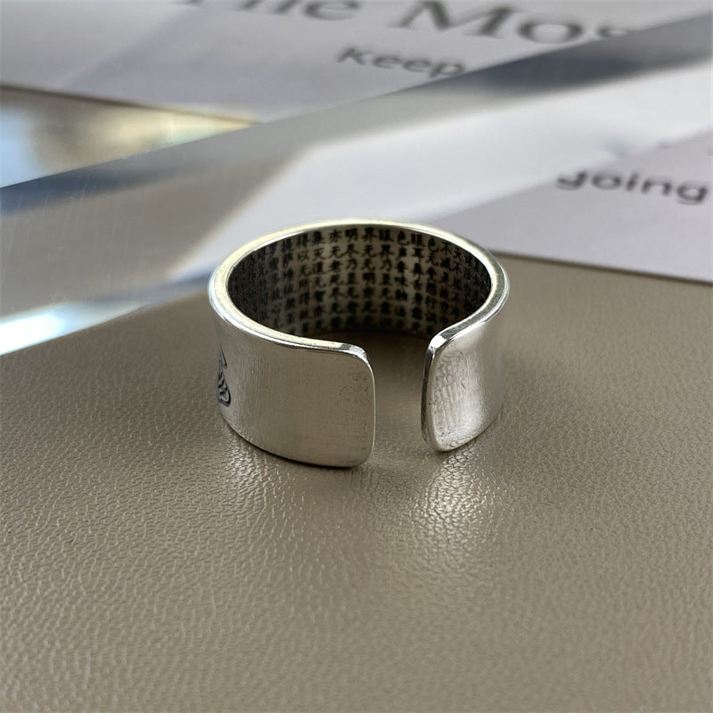zensoullab Men's 999 Thai Silver Lotus Buddha Ring Pure Silver Heart Sutra Women's Couple Adjustable Open Design