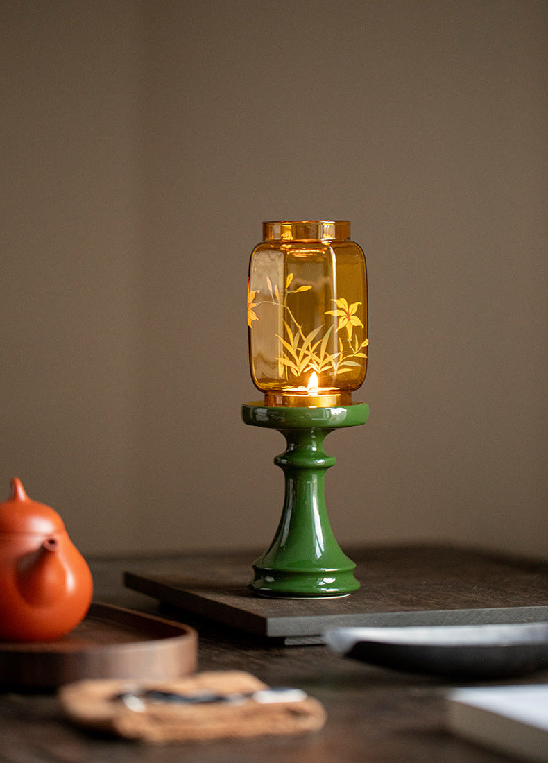 zensoullab Flowing Fragrance Golden Orchid Ming Qing Glass Candle Holder Lamp Zen Tea Room Atmosphere Lamp Home Floor Candle Lamp Decorative Ornament