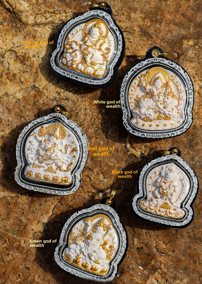 zensoullab Gawu Box Pendant Hand-painted Incense Ash Rubbing Three-dimensional Thangka Buddha Statue Yellow God of Wealth Five-way God of Wealth Buddha Amulet Men and Women Necklace