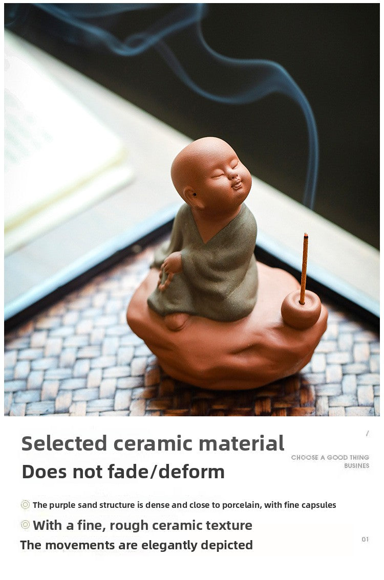 zensoullab Zen Purple Clay Little Monk Incense Holder Ornament for Home Indoor Living Room Tea Tray Incense Ceremony Sandalwood Stand Incense Tray Incense Burner