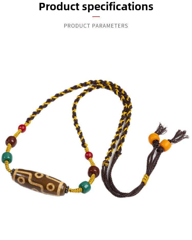 zensoullab Natural Yellow Nine-Eye Dzi Bead Necklace Taiwan Work Agate Pendant Unisex Couple Style Braided Necklace