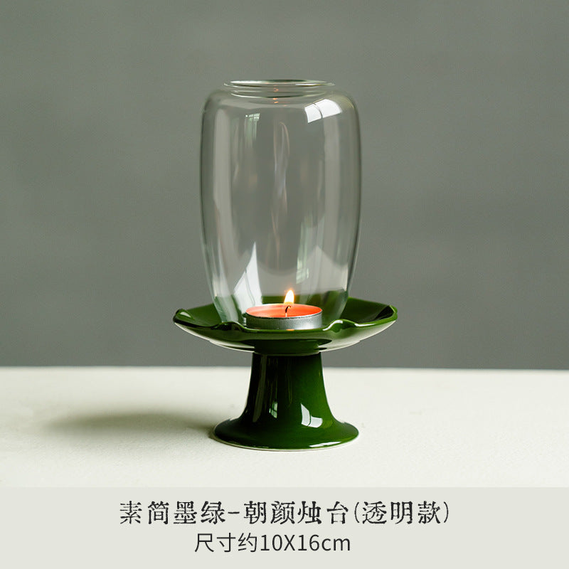 zensoullab New Chinese Style Forbidden City Red Morning Glory Candle Holder Ceramic Base Zen Glass Lampshade Aromatherapy Home Tea Ceremony Accessories Ornament