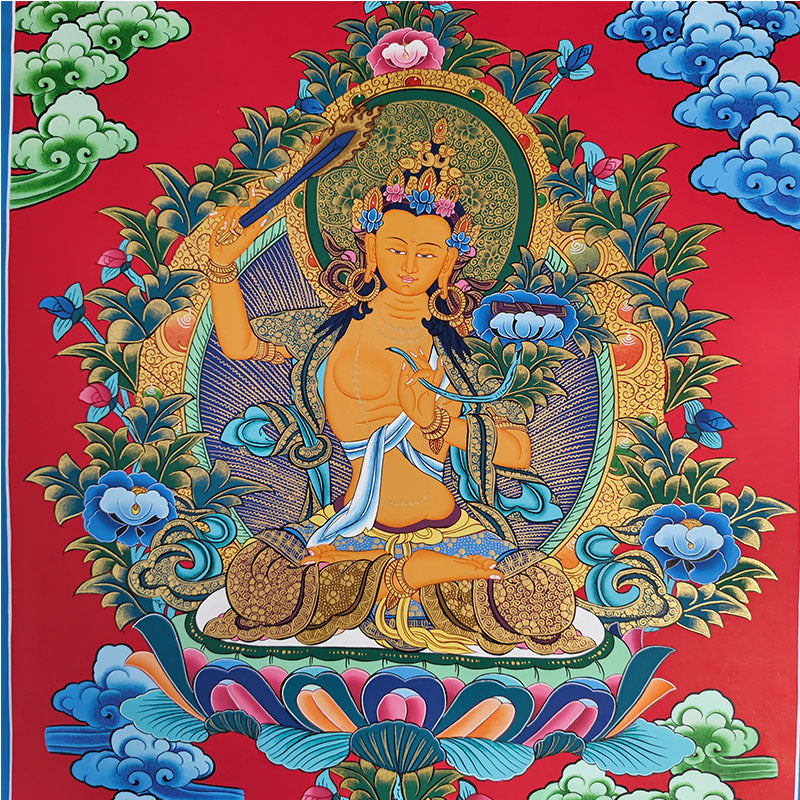 zensoullab Nepal Hand-painted Manjushri Thangka Yellow God of Wealth Samantabhadra Four-armed Guanyin White Tara Green Tara Entrance Wall Hanging Painting