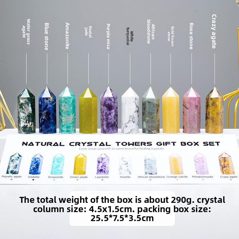 zensoullab Natural Crystal Agate Jade Hexagonal Single Pointed Column Set Box Seven Colors Demagnetization Yoga Ore Gemstone Set
