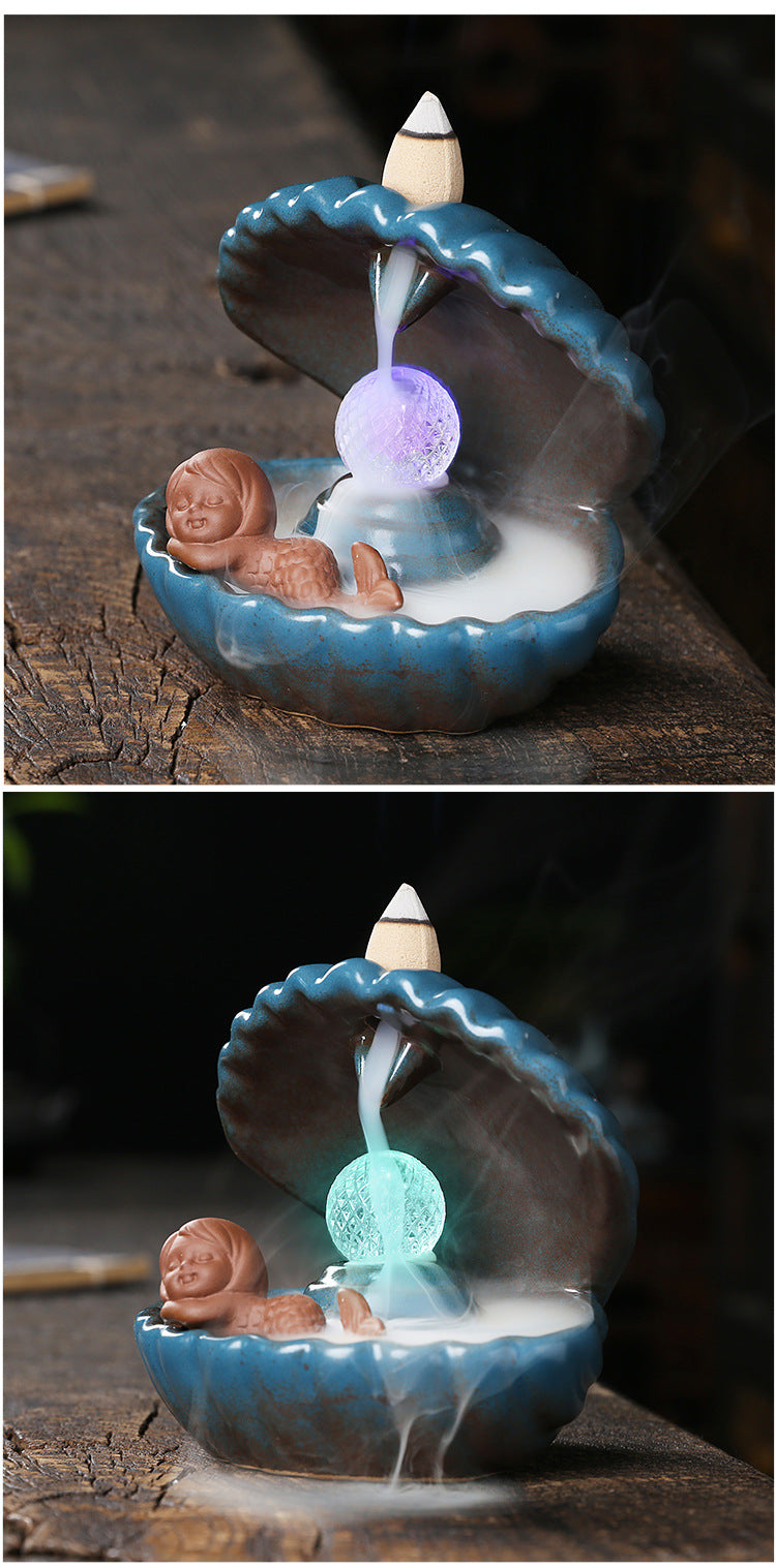 zensoullab Original Ceramic Crafts Home Decoration Creative European Style Shell Mermaid LED Light Backflow Aromatherapy Burner