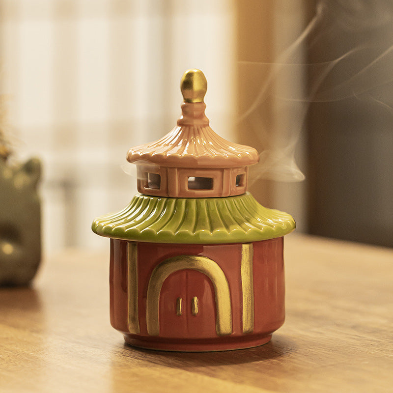 zensoullab Creative New Chinese Style Ceramic Temple of Heaven Small Incense Burner Aromatherapy Burner Ornament for Home Indoor Sandalwood Coil Incense Holder Incense Tray