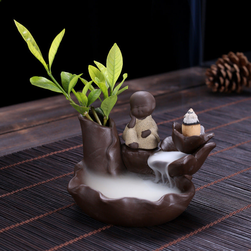 zensoullab Purple Clay Backflow Incense Burner Ceramic Creative Ornament Craft Incense Little Monk Viewing Smoke Mountain Water Flow