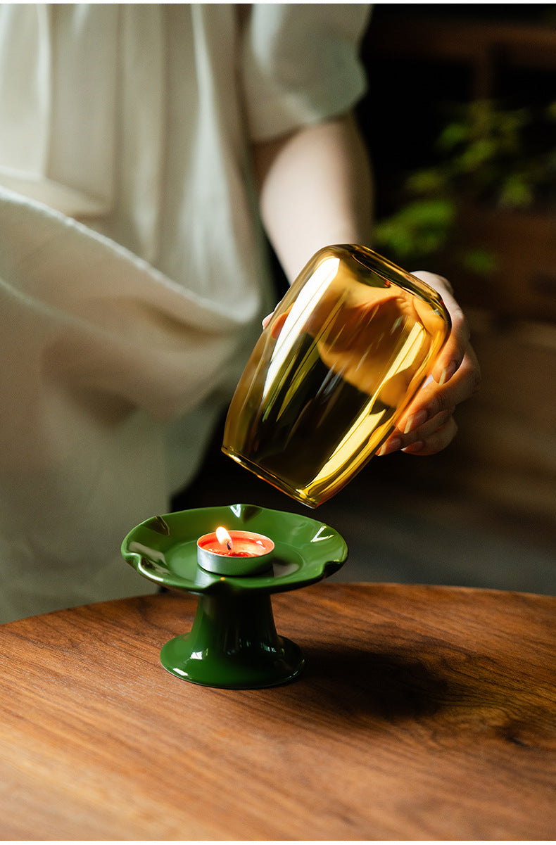 zensoullab New Chinese Style Forbidden City Red Morning Glory Candle Holder Ceramic Base Zen Glass Lampshade Aromatherapy Home Tea Ceremony Accessories Ornament