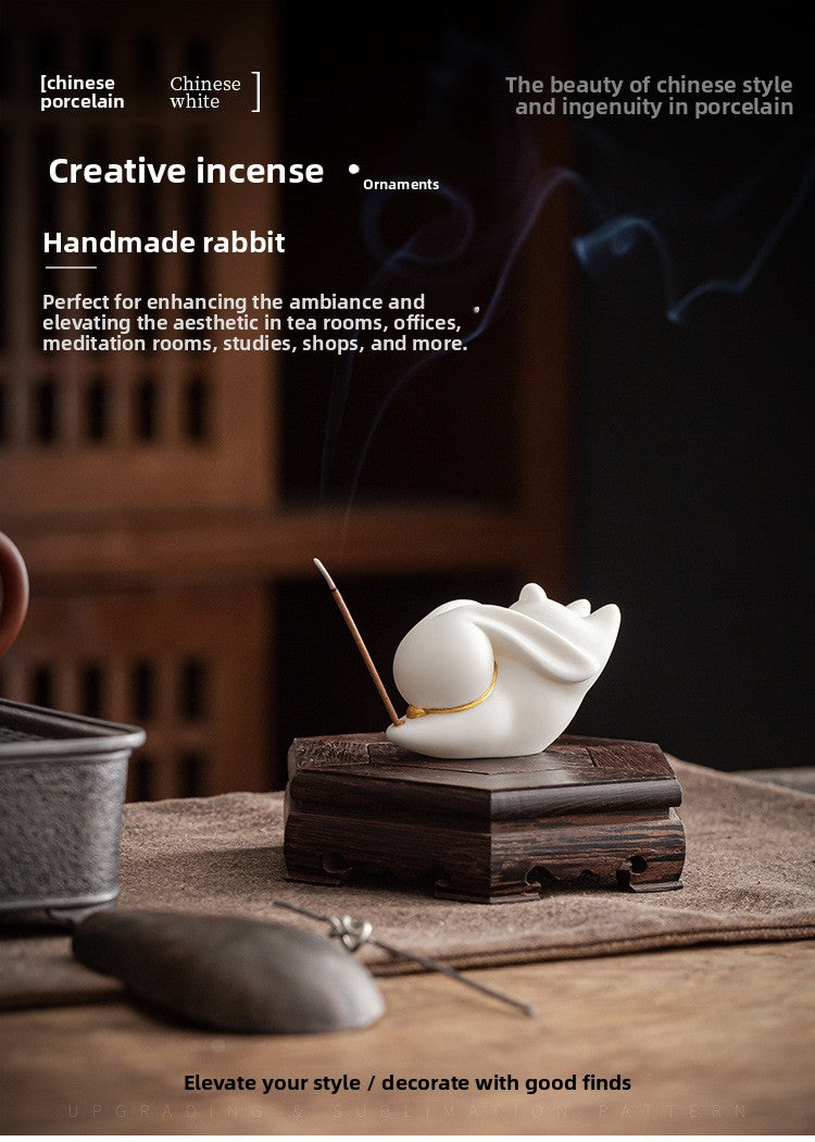 Zensoullab Creative Cute Little White Rabbit Ceramic Aromatherapy Stove Decoration Tea Ornaments Cover Living Room Home Incense Sandalwood Incense Stick Holder