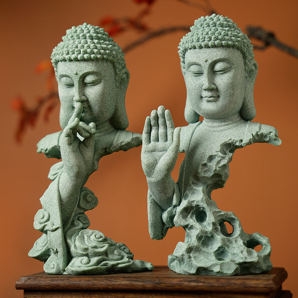 zensoullab Green Sandstone Imitation Stone Carving Buddha Statue Craft Ornament Creative Retro Desktop Buddhist Zen New Chinese Style Living Room Decoration