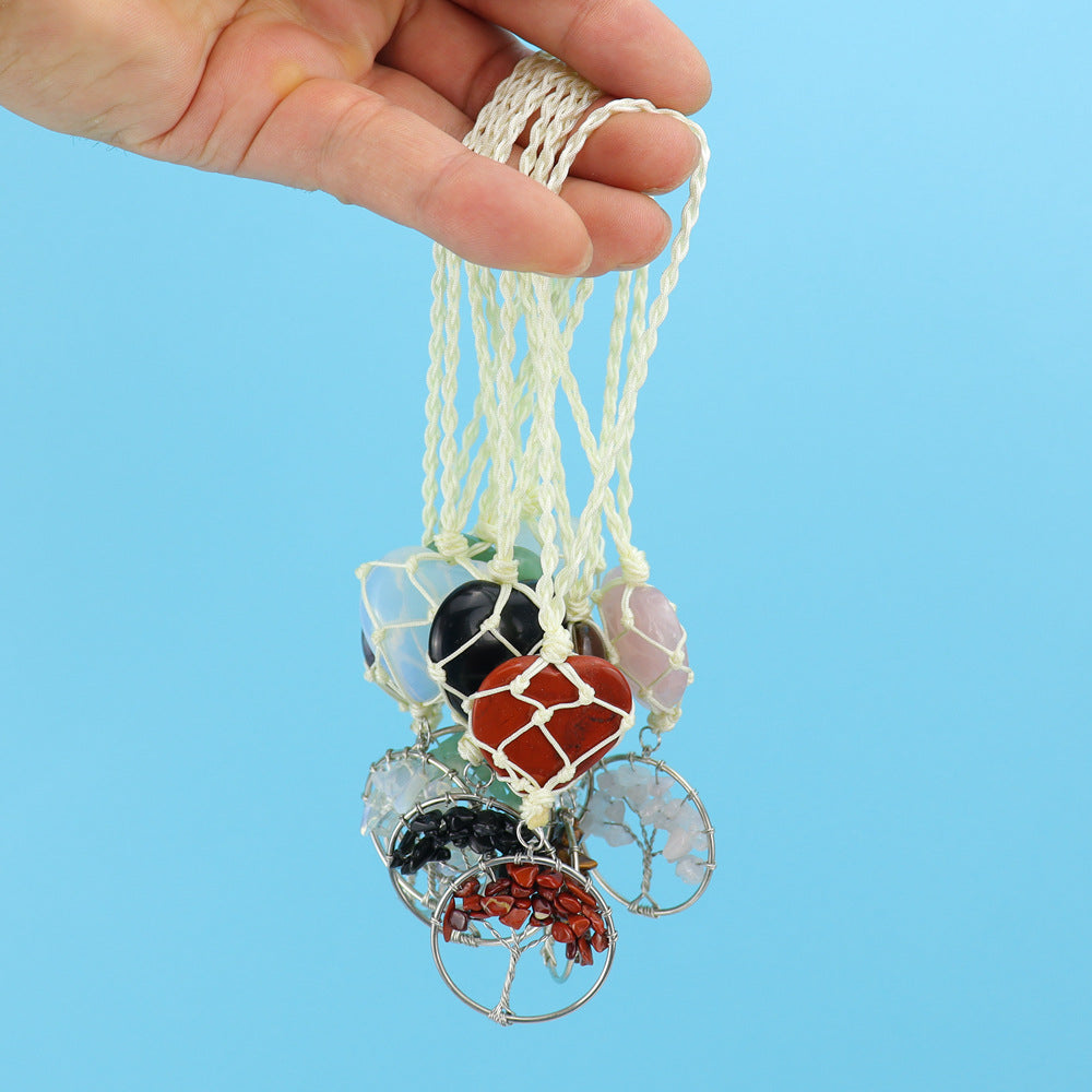 zensoullab Natural Crystal Heart-shaped Woven Net Bag Tree of Life Pendant Car Hanging Bag Accessories
