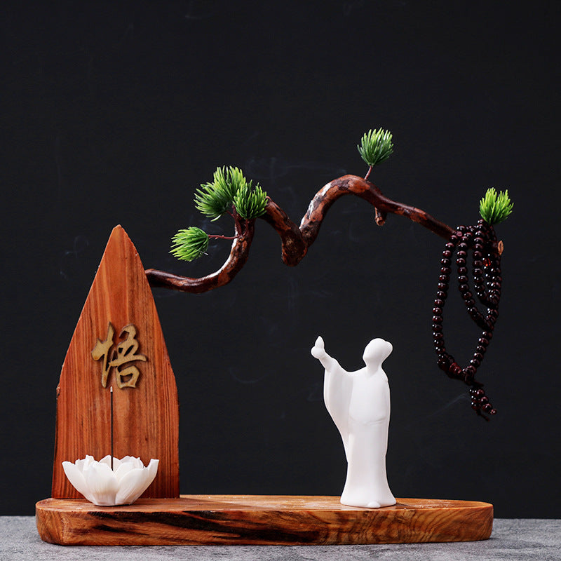 zensoullab Chinese Zen Style Formless Buddha Welcoming Guest Pine Root Carving Set Living Room Wine Cabinet Entrance Ceramic Li Bai Tea Table Home Decor
