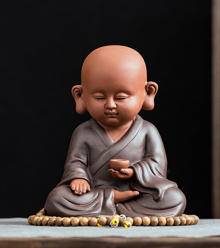 zensoullab Premium Large Ceramic Little Monk Figurine Purple Clay Figure Chinese Style Living Room Entrance Tea Room Zen Little Novice Decoration