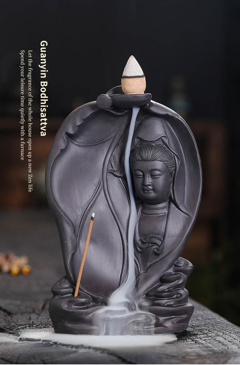 zensoullab Purple Clay Backflow Incense Burner Creative Bodhi Leaf Tathagata Guanyin Buddha Statue Backflow Incense Aromatherapy Burner Home Decor