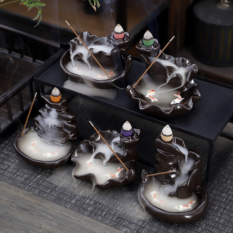 zensoullab Backflow Incense Burner Creative Home Decor Ceramic Burner Craft Zen Double Fish Backflow Sandalwood Ornament