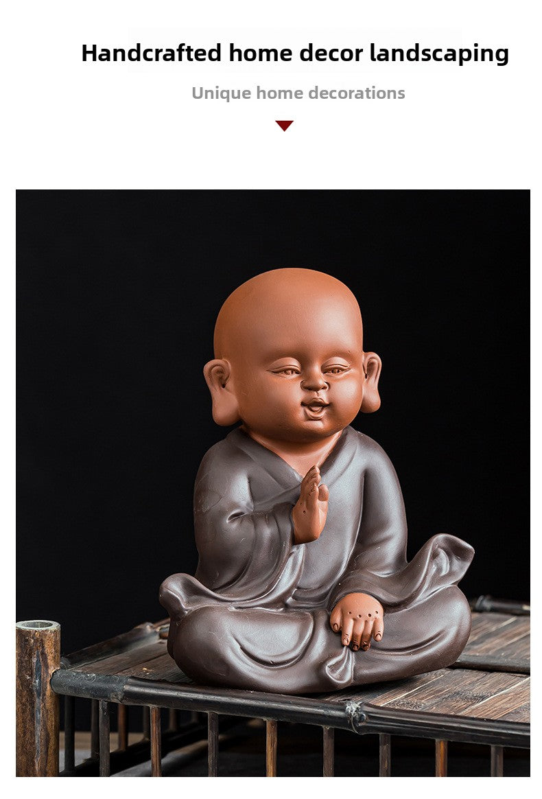 zensoullab Premium Large Ceramic Little Monk Figurine Purple Clay Figure Chinese Style Living Room Entrance Tea Room Zen Little Novice Decoration