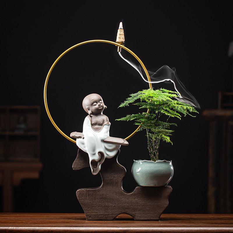 zensoullab Zen Style Backflow Incense Burner Ornament Sha Mi Monk Chinese Style Home Living Room Office Potted Incense Burner Gift