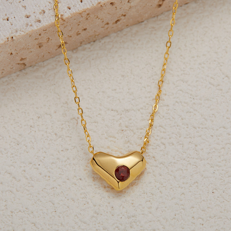 zensoullab S925 Sterling Silver Natural Garnet Gemstone Heart Necklace for Women, Niche Design, Simple and Unique Collarbone Chain Set
