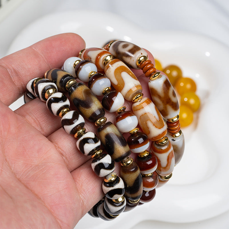 zensoullab Natural Three-Eyed Dzi Bead Agate Bracelet Fashion Versatile Unisex Couple Style Tiger Tooth Single Circle Bracelet In Stock