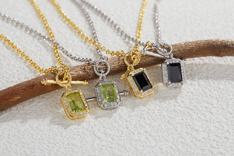 zensoullab S925 Inlaid Tassel Gemstone Series Necklace for Women Natural Black Spinel Peridot Collarbone Chain Jewelry