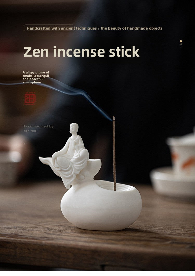 zensoullab Premium White Porcelain Incense Burner Little Monk Incense Holder Home Indoor Zen Style Formless Buddha Ornament Sandalwood Agarwood Aromatherapy Burner