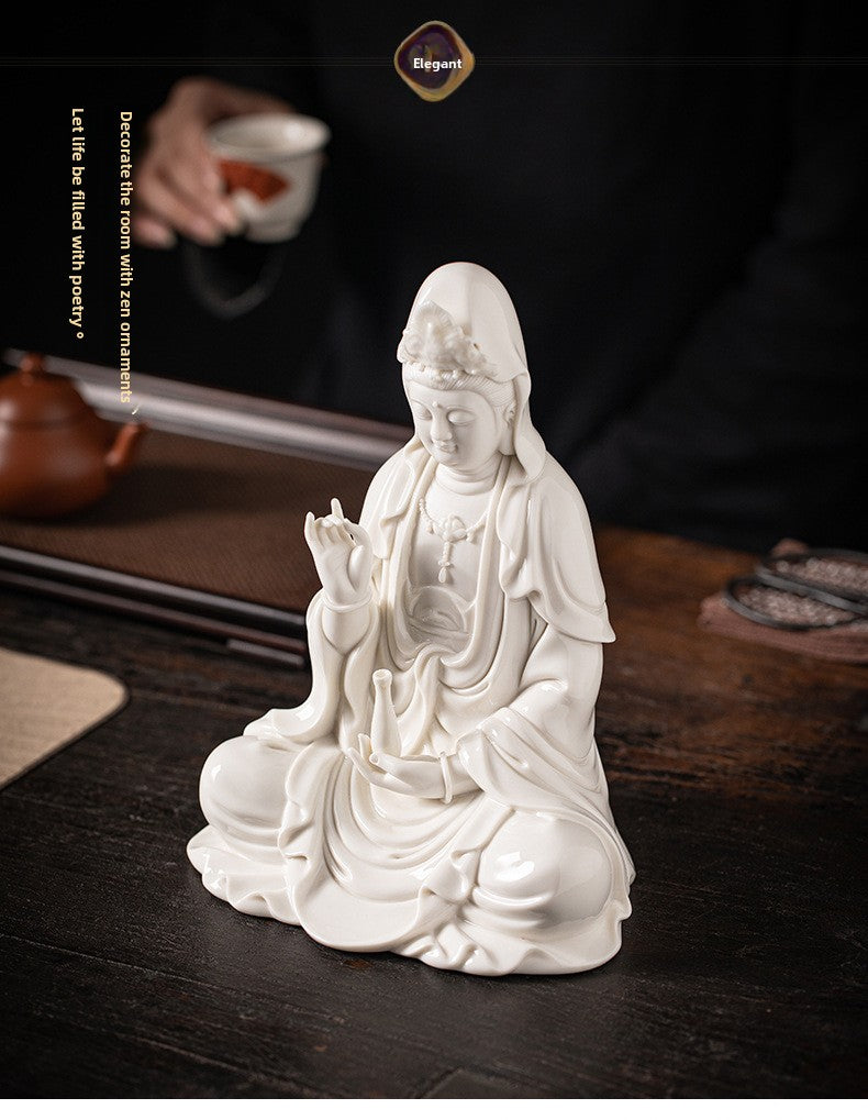 zensoullab Zen Style Chinese White Porcelain Holding Bottle Guanyin Buddha Statue Desktop Ornament Home Indoor Entrance Display Cabinet Decoration